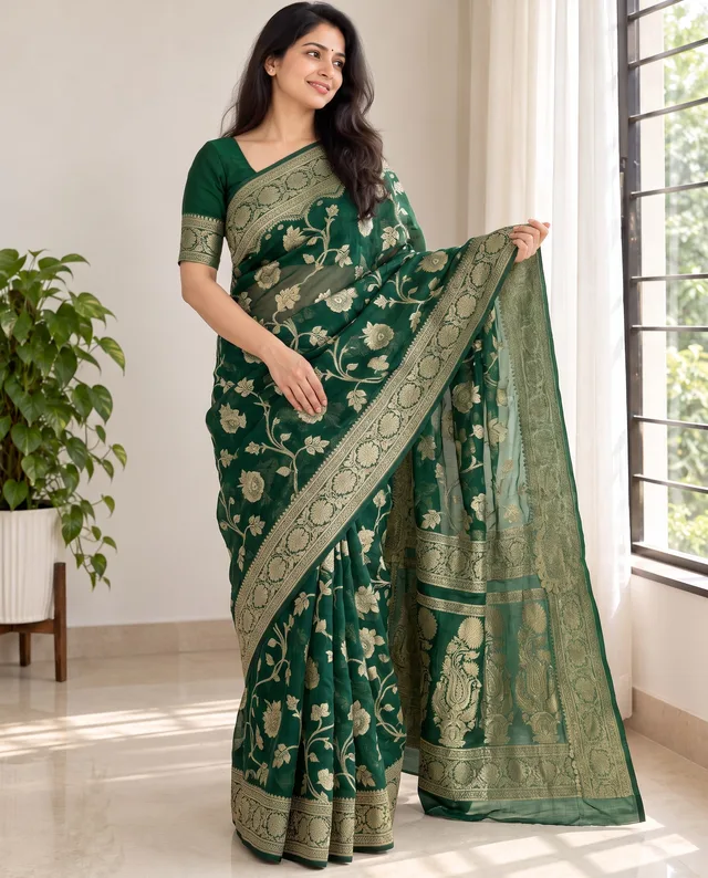 Evergreen Khaddi Georgette saree showing its gold border and drape