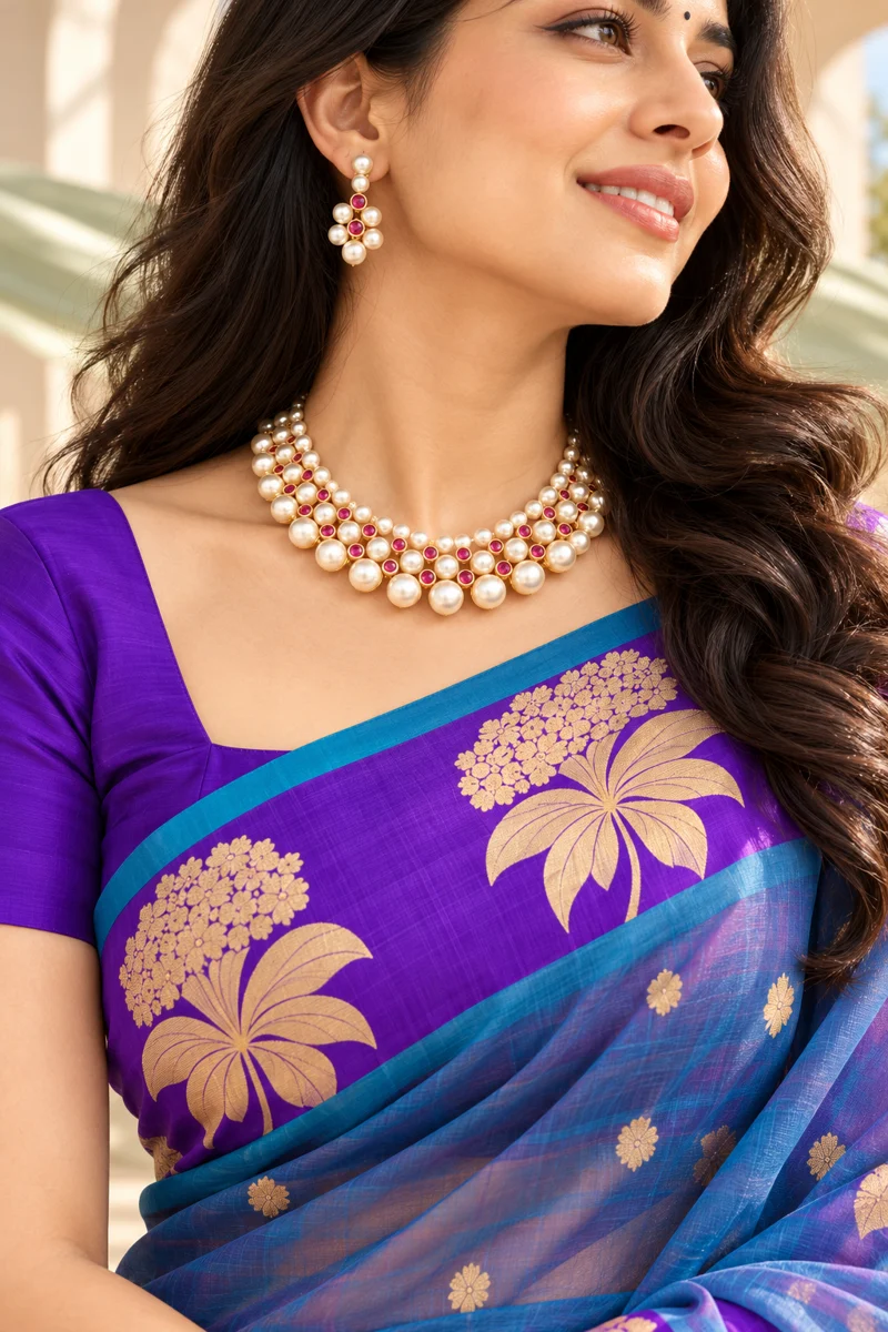 Styled campaign close-up of a woman wearing a pearl and pink-stone necklace and earrings